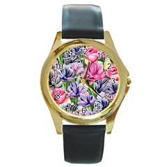 Majestic Watercolor Flowers Round Gold Metal Watch by GardenOfOphir