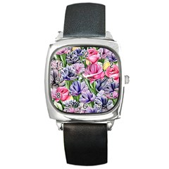 Majestic Watercolor Flowers Square Metal Watch by GardenOfOphir