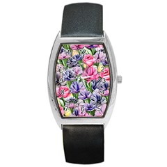 Majestic Watercolor Flowers Barrel Style Metal Watch by GardenOfOphir