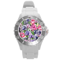 Majestic Watercolor Flowers Round Plastic Sport Watch (l) by GardenOfOphir