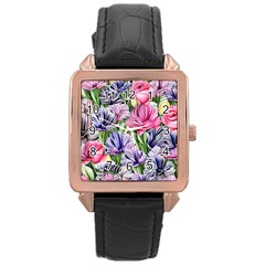 Majestic Watercolor Flowers Rose Gold Leather Watch  by GardenOfOphir