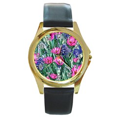 Cherished Watercolor Flowers Round Gold Metal Watch by GardenOfOphir