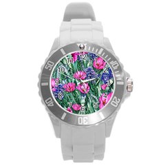 Cherished Watercolor Flowers Round Plastic Sport Watch (l) by GardenOfOphir