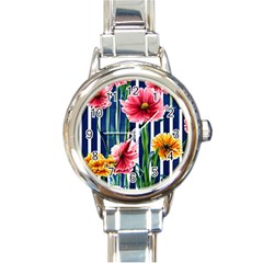 Charming And Cheerful Watercolor Flowers Round Italian Charm Watch