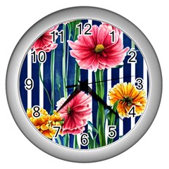 Charming And Cheerful Watercolor Flowers Wall Clock (Silver)