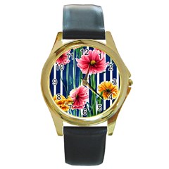 Charming And Cheerful Watercolor Flowers Round Gold Metal Watch