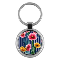 Charming And Cheerful Watercolor Flowers Key Chain (Round)