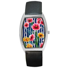 Charming And Cheerful Watercolor Flowers Barrel Style Metal Watch