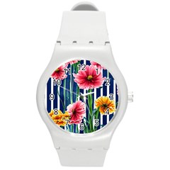 Charming And Cheerful Watercolor Flowers Round Plastic Sport Watch (M)