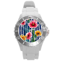 Charming And Cheerful Watercolor Flowers Round Plastic Sport Watch (L)