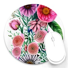 Captivating And Celestial Watercolor Flowers Round Mousepad by GardenOfOphir