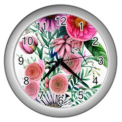 Captivating And Celestial Watercolor Flowers Wall Clock (silver) by GardenOfOphir