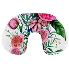 Captivating And Celestial Watercolor Flowers Travel Neck Pillow by GardenOfOphir