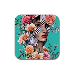 Whimsy Lady Combined Watercolor Flowers Rubber Coaster (square) by GardenOfOphir