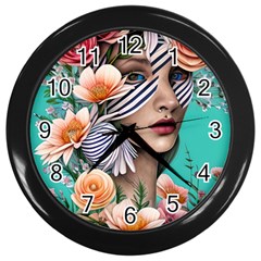 Whimsy Lady Combined Watercolor Flowers Wall Clock (black) by GardenOfOphir