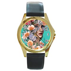 Whimsy Lady Combined Watercolor Flowers Round Gold Metal Watch by GardenOfOphir