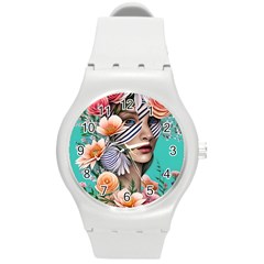 Whimsy Lady Combined Watercolor Flowers Round Plastic Sport Watch (m) by GardenOfOphir