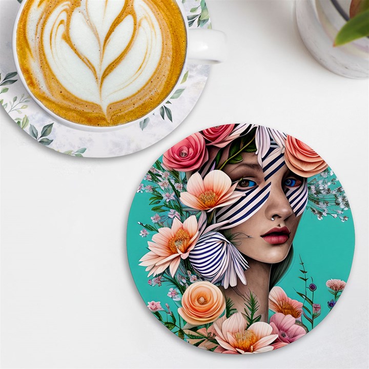 Whimsy Lady Combined Watercolor Flowers UV Print Round Tile Coaster