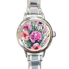 Color-infused Watercolor Flowers Round Italian Charm Watch by GardenOfOphir