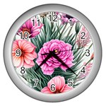 Color-infused Watercolor Flowers Wall Clock (Silver) Front