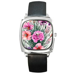 Color-infused Watercolor Flowers Square Metal Watch by GardenOfOphir