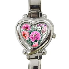 Color-infused Watercolor Flowers Heart Italian Charm Watch by GardenOfOphir