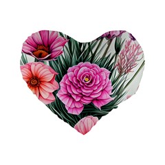 Color-infused Watercolor Flowers Standard 16  Premium Heart Shape Cushions by GardenOfOphir