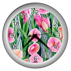 Classy Watercolor Flowers Wall Clock (silver) by GardenOfOphir