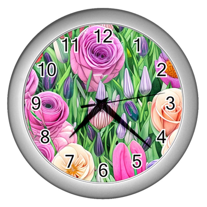 Classic Watercolor Flowers Wall Clock (Silver)