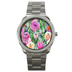 Classic Watercolor Flowers Sport Metal Watch by GardenOfOphir