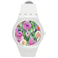 Classic Watercolor Flowers Round Plastic Sport Watch (m) by GardenOfOphir