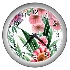 Chic Watercolor Flowers Wall Clock (silver) by GardenOfOphir