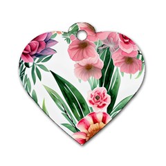 Chic Watercolor Flowers Dog Tag Heart (two Sides)