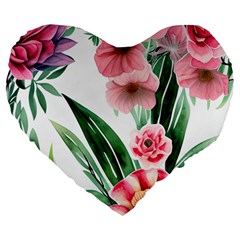 Chic Watercolor Flowers Large 19  Premium Heart Shape Cushions by GardenOfOphir