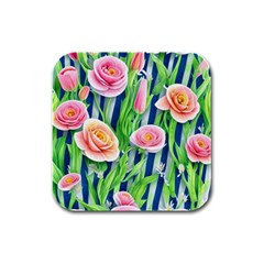 Dazzling Watercolor Flowers Rubber Square Coaster (4 Pack) by GardenOfOphir