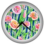 Dazzling Watercolor Flowers Wall Clock (Silver) Front