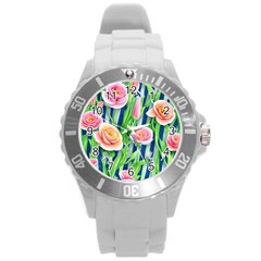 Dazzling Watercolor Flowers Round Plastic Sport Watch (l) by GardenOfOphir