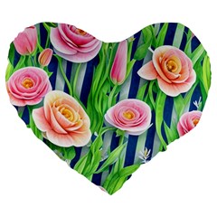 Dazzling Watercolor Flowers Large 19  Premium Heart Shape Cushions by GardenOfOphir