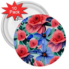 Classy Watercolor Flowers 3  Buttons (10 Pack)  by GardenOfOphir