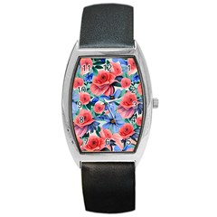 Classy Watercolor Flowers Barrel Style Metal Watch by GardenOfOphir