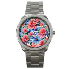 Classy Watercolor Flowers Sport Metal Watch by GardenOfOphir