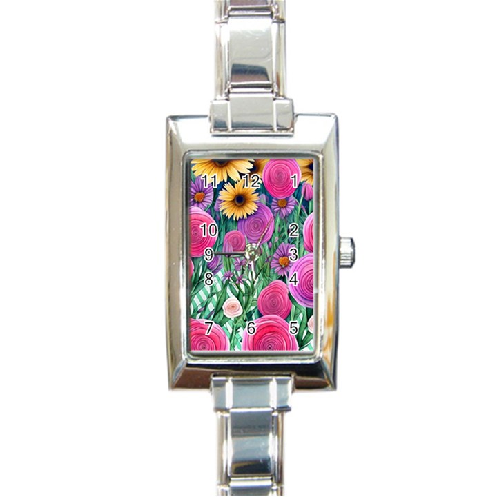 Charming Watercolor Flowers Rectangle Italian Charm Watch