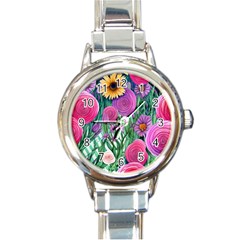 Charming Watercolor Flowers Round Italian Charm Watch by GardenOfOphir