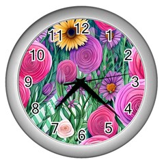 Charming Watercolor Flowers Wall Clock (silver) by GardenOfOphir