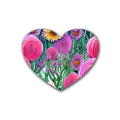 Charming Watercolor Flowers Rubber Coaster (heart) by GardenOfOphir