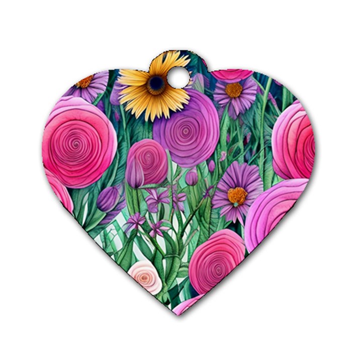 Charming Watercolor Flowers Dog Tag Heart (Two Sides)