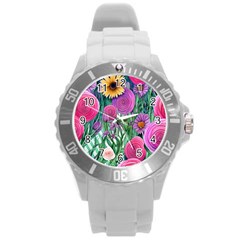 Charming Watercolor Flowers Round Plastic Sport Watch (l) by GardenOfOphir