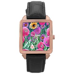 Charming Watercolor Flowers Rose Gold Leather Watch  by GardenOfOphir