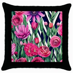 Classy Botanicals – Watercolor Flowers Botanical Throw Pillow Case (black) by GardenOfOphir