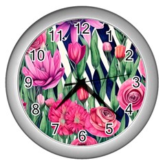 Classy Botanicals – Watercolor Flowers Botanical Wall Clock (silver) by GardenOfOphir